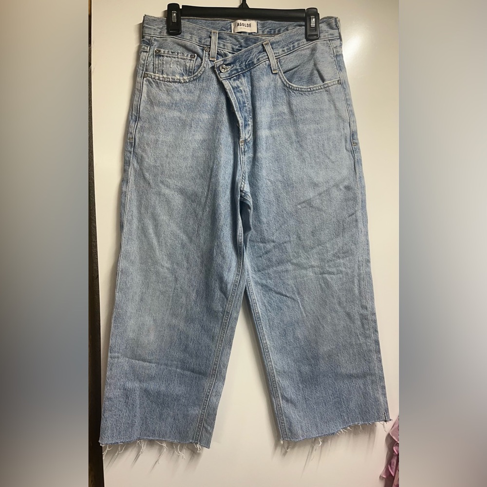NEW Agolde criss cross button fly cropped raw hem wide leg denim jeans size 27